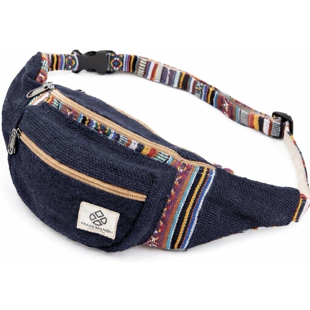 Freakmandu Eco-Friendly Boho Hippie Style Hemp Fanny Pack Blue Hip Waist Azure